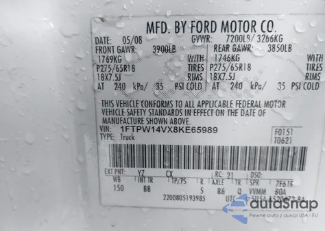 2008 Ford F-150 60Th Anniversary/Fx4/King Ranch/Lariat/Xlt z USA, uszkodzony, nr VIN 1FTPW14VX8KE65989